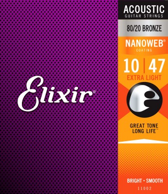 Elixir 11002 Nanoweb 80/20 Bronze Extra Light Acoustic Strings, 10-47