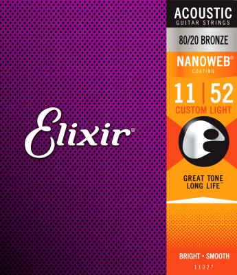 Elixir 11027 Nanoweb 80/20 Bronze Custom Light Acoustic Strings, 11-52