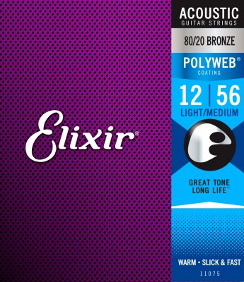 Elixir 11075 Polyweb 80/20 Bronze Light-Medium Acoustic Strings, 12-56