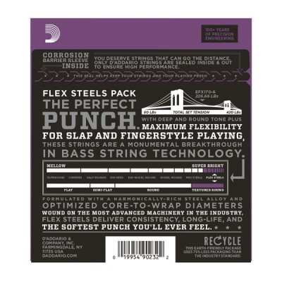 D'Addario EFX170-6 FlexSteels 6-String Bass, Light, 32-130, Long Scale