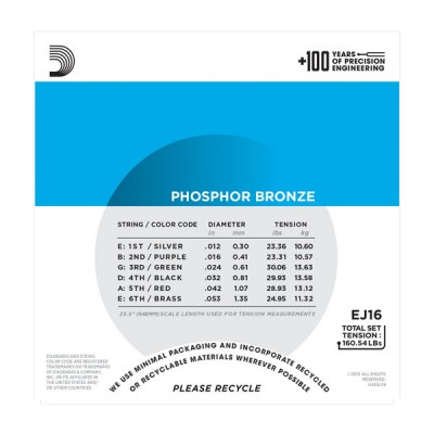 D'Addario EJ16-10P Phosphor Bronze Light Acoustic, 12-53, 10 Sets