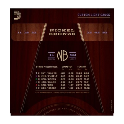 D'Addario NB1152 Nickel Bronze Acoustic, Custom Light, 11-52